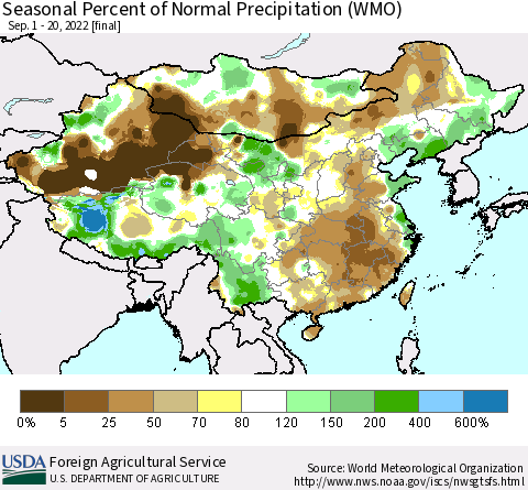 China, Mongolia and Taiwan Seasonal Percent of Normal Precipitation (WMO) Thematic Map For 9/1/2022 - 9/20/2022
