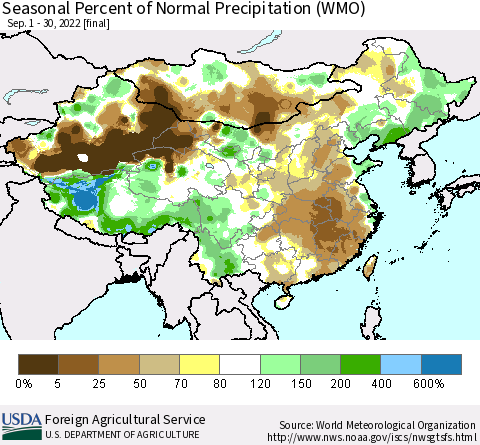 China, Mongolia and Taiwan Seasonal Percent of Normal Precipitation (WMO) Thematic Map For 9/1/2022 - 9/30/2022