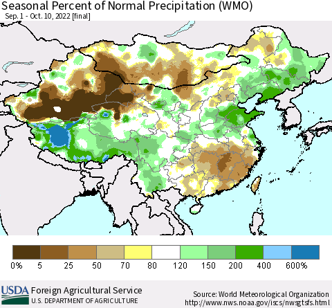 China, Mongolia and Taiwan Seasonal Percent of Normal Precipitation (WMO) Thematic Map For 9/1/2022 - 10/10/2022