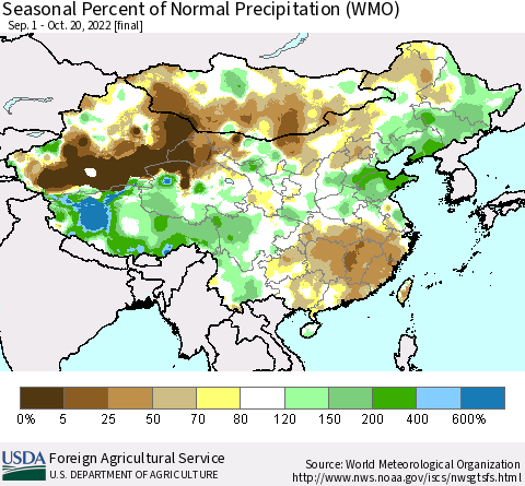 China, Mongolia and Taiwan Seasonal Percent of Normal Precipitation (WMO) Thematic Map For 9/1/2022 - 10/20/2022
