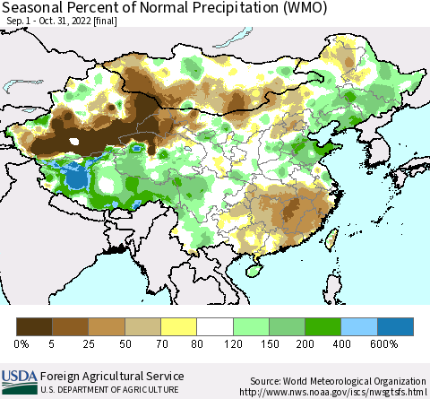 China, Mongolia and Taiwan Seasonal Percent of Normal Precipitation (WMO) Thematic Map For 9/1/2022 - 10/31/2022