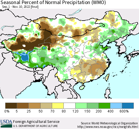 China, Mongolia and Taiwan Seasonal Percent of Normal Precipitation (WMO) Thematic Map For 9/1/2022 - 11/10/2022