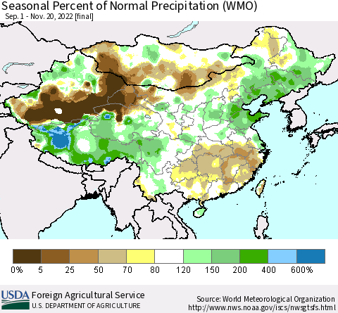 China, Mongolia and Taiwan Seasonal Percent of Normal Precipitation (WMO) Thematic Map For 9/1/2022 - 11/20/2022