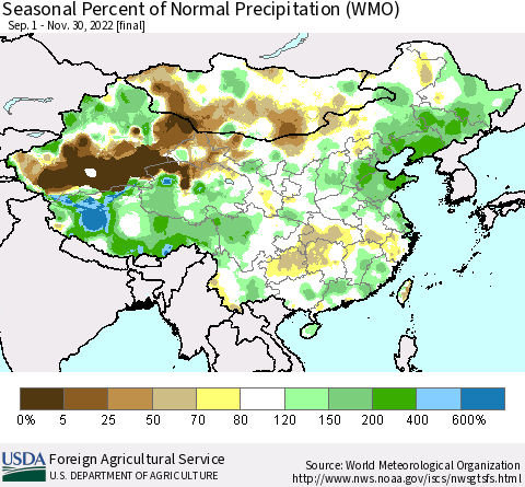China, Mongolia and Taiwan Seasonal Percent of Normal Precipitation (WMO) Thematic Map For 9/1/2022 - 11/30/2022