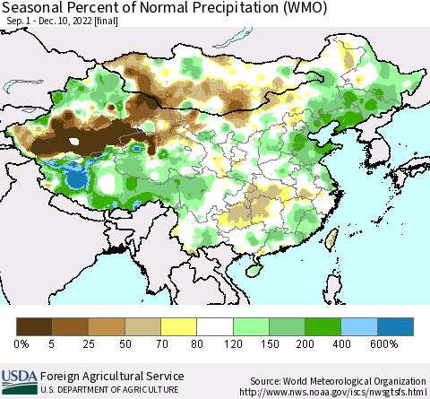 China, Mongolia and Taiwan Seasonal Percent of Normal Precipitation (WMO) Thematic Map For 9/1/2022 - 12/10/2022