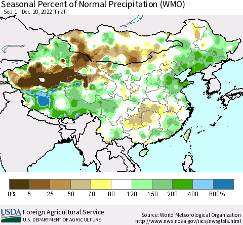 China, Mongolia and Taiwan Seasonal Percent of Normal Precipitation (WMO) Thematic Map For 9/1/2022 - 12/20/2022
