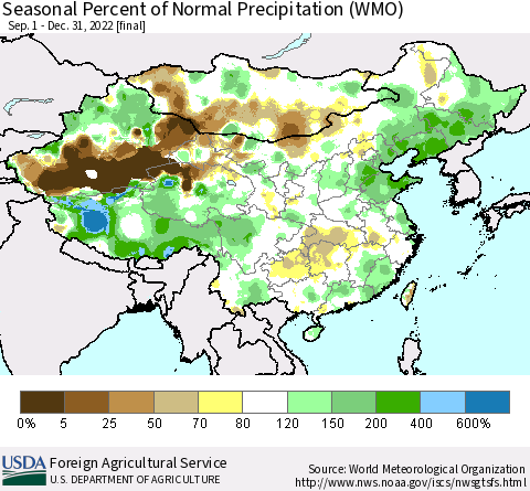 China, Mongolia and Taiwan Seasonal Percent of Normal Precipitation (WMO) Thematic Map For 9/1/2022 - 12/31/2022
