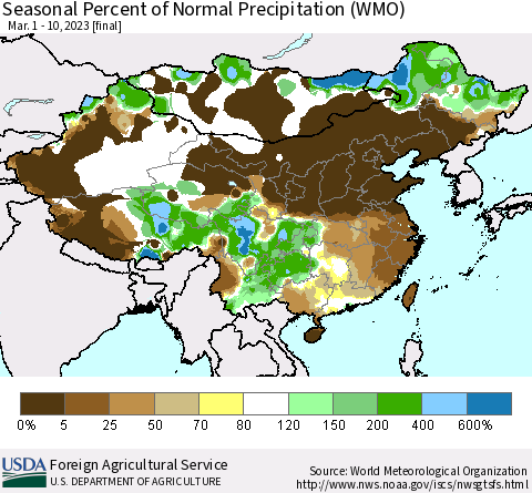 China, Mongolia and Taiwan Seasonal Percent of Normal Precipitation (WMO) Thematic Map For 3/1/2023 - 3/10/2023