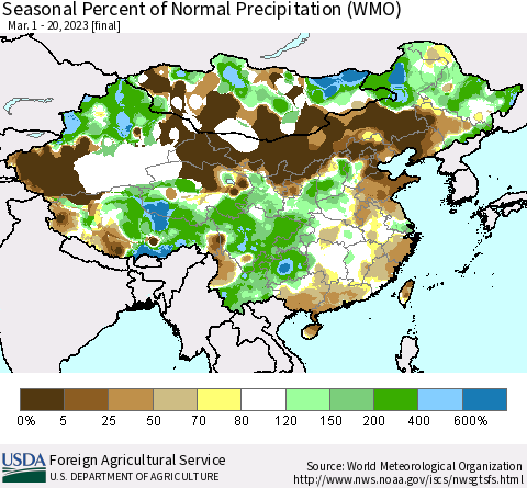 China, Mongolia and Taiwan Seasonal Percent of Normal Precipitation (WMO) Thematic Map For 3/1/2023 - 3/20/2023
