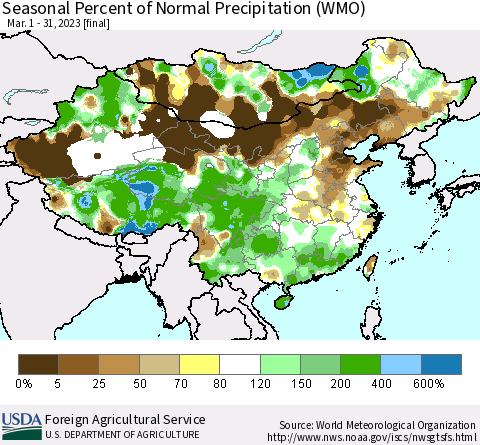 China, Mongolia and Taiwan Seasonal Percent of Normal Precipitation (WMO) Thematic Map For 3/1/2023 - 3/31/2023