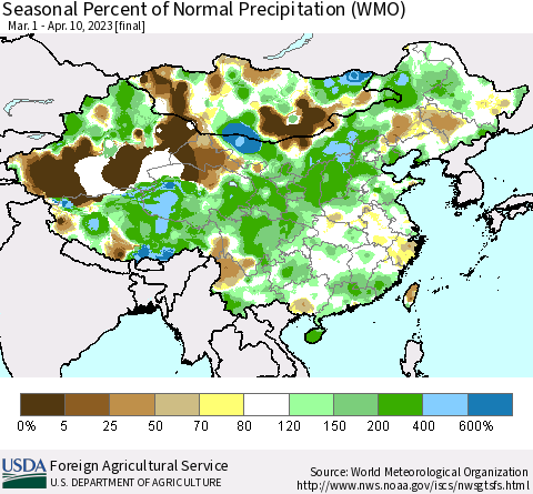China, Mongolia and Taiwan Seasonal Percent of Normal Precipitation (WMO) Thematic Map For 3/1/2023 - 4/10/2023