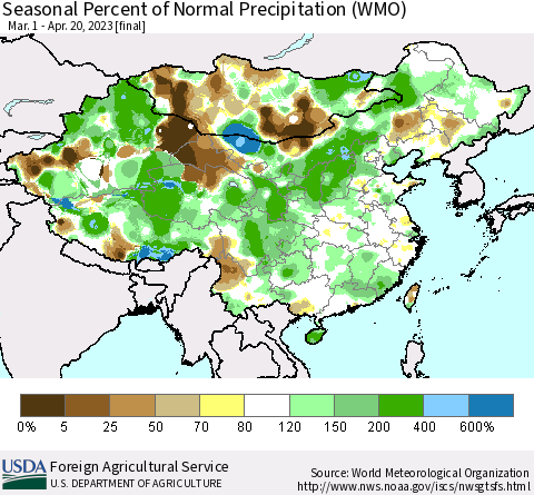 China, Mongolia and Taiwan Seasonal Percent of Normal Precipitation (WMO) Thematic Map For 3/1/2023 - 4/20/2023