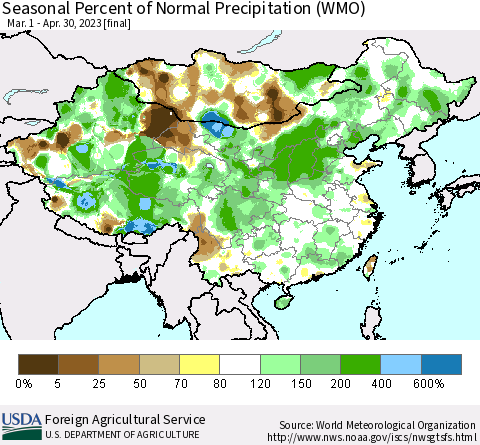 China, Mongolia and Taiwan Seasonal Percent of Normal Precipitation (WMO) Thematic Map For 3/1/2023 - 4/30/2023