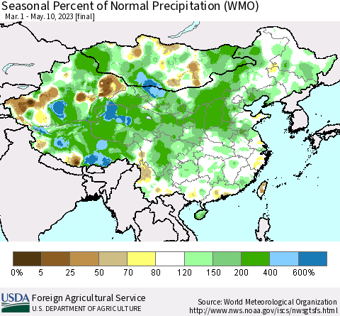 China, Mongolia and Taiwan Seasonal Percent of Normal Precipitation (WMO) Thematic Map For 3/1/2023 - 5/10/2023