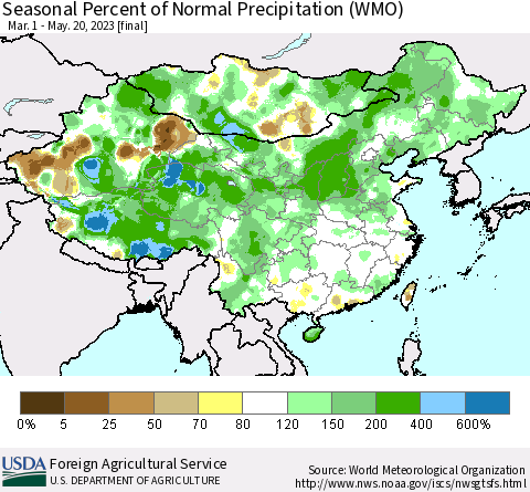 China, Mongolia and Taiwan Seasonal Percent of Normal Precipitation (WMO) Thematic Map For 3/1/2023 - 5/20/2023