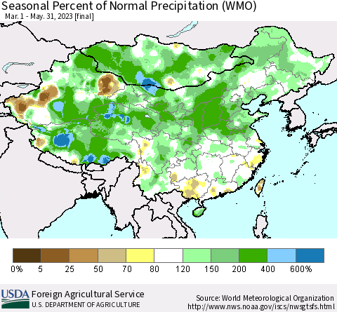 China, Mongolia and Taiwan Seasonal Percent of Normal Precipitation (WMO) Thematic Map For 3/1/2023 - 5/31/2023