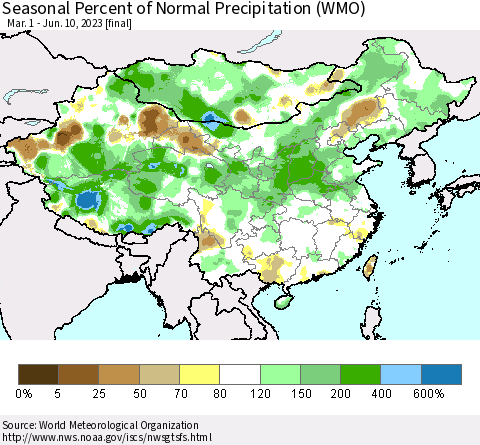 China, Mongolia and Taiwan Seasonal Percent of Normal Precipitation (WMO) Thematic Map For 3/1/2023 - 6/10/2023