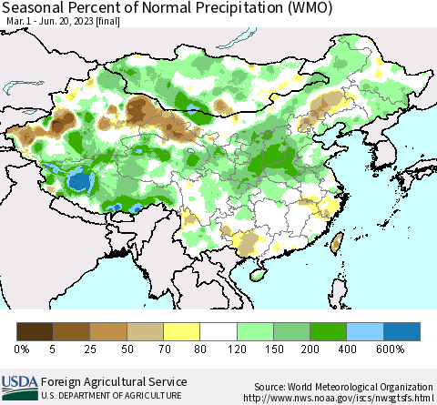 China, Mongolia and Taiwan Seasonal Percent of Normal Precipitation (WMO) Thematic Map For 3/1/2023 - 6/20/2023
