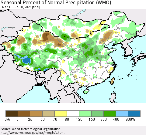 China, Mongolia and Taiwan Seasonal Percent of Normal Precipitation (WMO) Thematic Map For 3/1/2023 - 6/30/2023