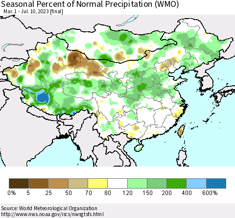 China, Mongolia and Taiwan Seasonal Percent of Normal Precipitation (WMO) Thematic Map For 3/1/2023 - 7/10/2023