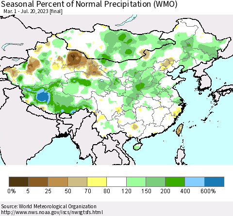China, Mongolia and Taiwan Seasonal Percent of Normal Precipitation (WMO) Thematic Map For 3/1/2023 - 7/20/2023