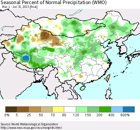 China, Mongolia and Taiwan Seasonal Percent of Normal Precipitation (WMO) Thematic Map For 3/1/2023 - 7/31/2023