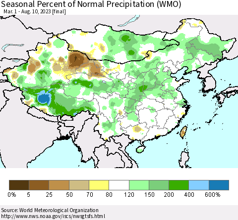 China, Mongolia and Taiwan Seasonal Percent of Normal Precipitation (WMO) Thematic Map For 3/1/2023 - 8/10/2023
