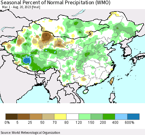 China, Mongolia and Taiwan Seasonal Percent of Normal Precipitation (WMO) Thematic Map For 3/1/2023 - 8/20/2023