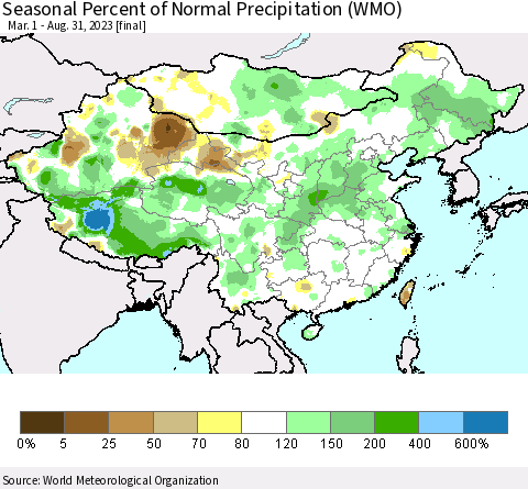 China, Mongolia and Taiwan Seasonal Percent of Normal Precipitation (WMO) Thematic Map For 3/1/2023 - 8/31/2023