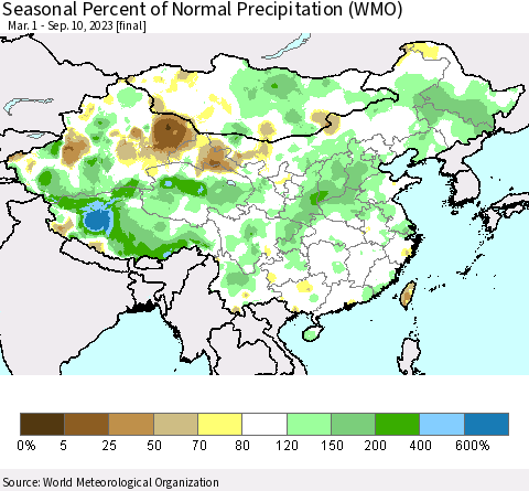 China, Mongolia and Taiwan Seasonal Percent of Normal Precipitation (WMO) Thematic Map For 3/1/2023 - 9/10/2023