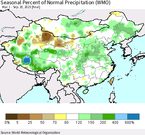 China, Mongolia and Taiwan Seasonal Percent of Normal Precipitation (WMO) Thematic Map For 3/1/2023 - 9/20/2023