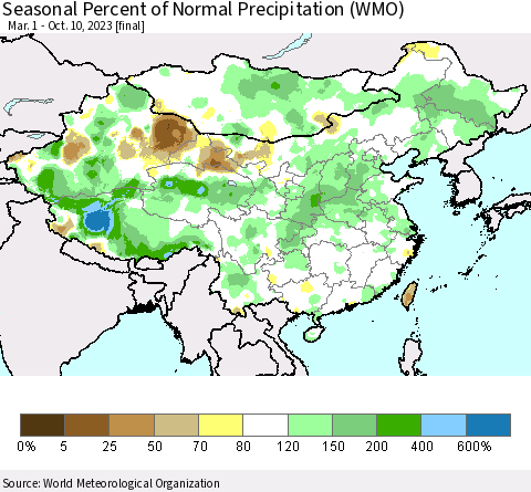 China, Mongolia and Taiwan Seasonal Percent of Normal Precipitation (WMO) Thematic Map For 3/1/2023 - 10/10/2023