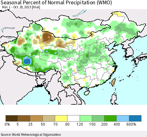 China, Mongolia and Taiwan Seasonal Percent of Normal Precipitation (WMO) Thematic Map For 3/1/2023 - 10/20/2023
