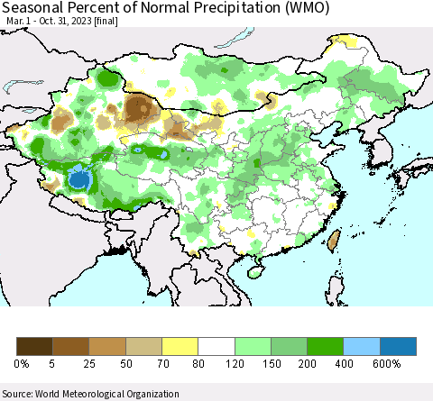 China, Mongolia and Taiwan Seasonal Percent of Normal Precipitation (WMO) Thematic Map For 3/1/2023 - 10/31/2023