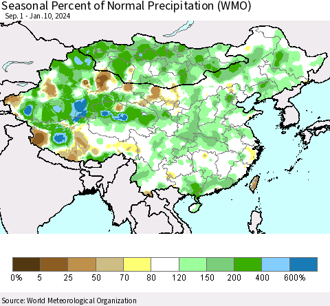 China, Mongolia and Taiwan Seasonal Percent of Normal Precipitation (WMO) Thematic Map For 9/1/2023 - 1/10/2024