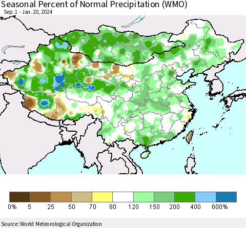 China, Mongolia and Taiwan Seasonal Percent of Normal Precipitation (WMO) Thematic Map For 9/1/2023 - 1/20/2024