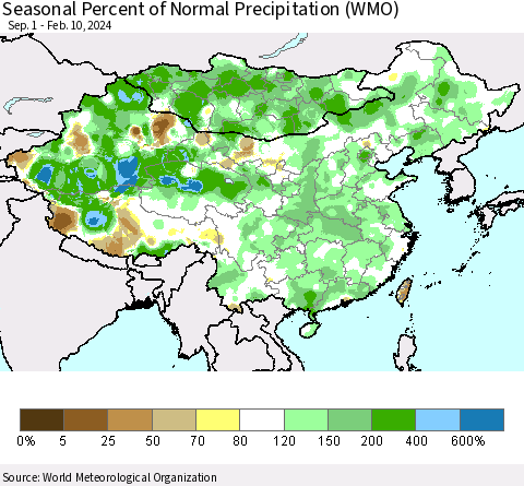 China, Mongolia and Taiwan Seasonal Percent of Normal Precipitation (WMO) Thematic Map For 9/1/2023 - 2/10/2024