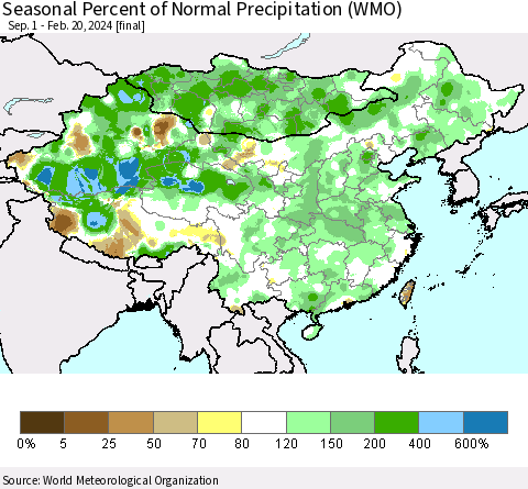 China, Mongolia and Taiwan Seasonal Percent of Normal Precipitation (WMO) Thematic Map For 9/1/2023 - 2/20/2024