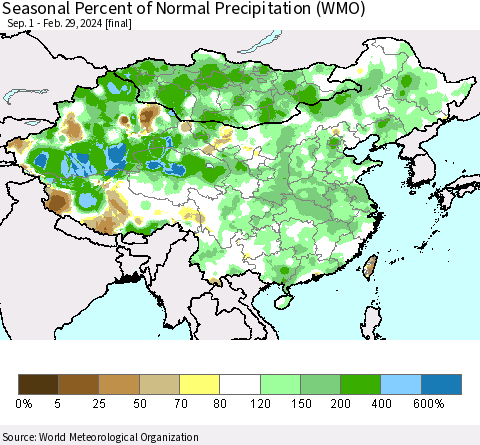China, Mongolia and Taiwan Seasonal Percent of Normal Precipitation (WMO) Thematic Map For 9/1/2023 - 2/29/2024