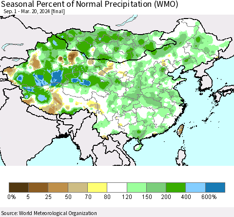 China, Mongolia and Taiwan Seasonal Percent of Normal Precipitation (WMO) Thematic Map For 9/1/2023 - 3/20/2024