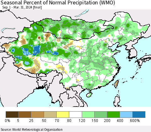 China, Mongolia and Taiwan Seasonal Percent of Normal Precipitation (WMO) Thematic Map For 9/1/2023 - 3/31/2024