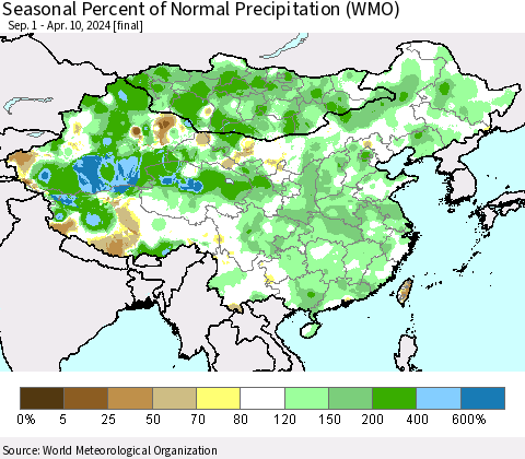 China, Mongolia and Taiwan Seasonal Percent of Normal Precipitation (WMO) Thematic Map For 9/1/2023 - 4/10/2024