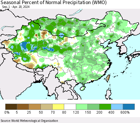 China, Mongolia and Taiwan Seasonal Percent of Normal Precipitation (WMO) Thematic Map For 9/1/2023 - 4/20/2024