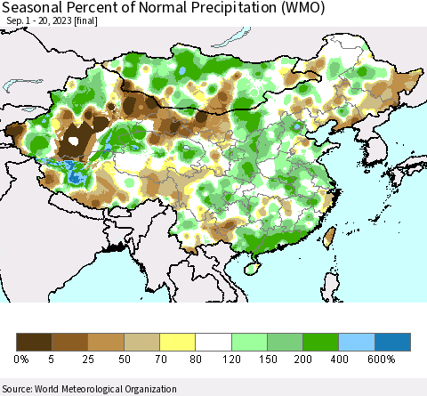 China, Mongolia and Taiwan Seasonal Percent of Normal Precipitation (WMO) Thematic Map For 9/1/2023 - 9/20/2023