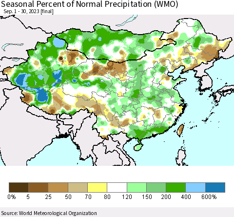 China, Mongolia and Taiwan Seasonal Percent of Normal Precipitation (WMO) Thematic Map For 9/1/2023 - 9/30/2023