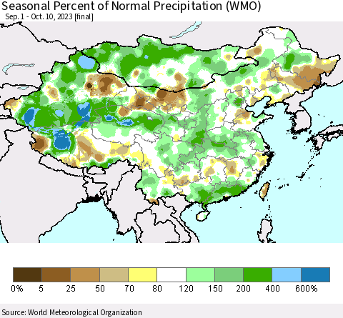 China, Mongolia and Taiwan Seasonal Percent of Normal Precipitation (WMO) Thematic Map For 9/1/2023 - 10/10/2023