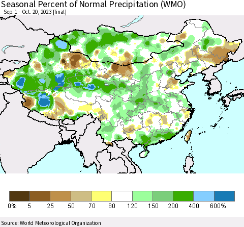 China, Mongolia and Taiwan Seasonal Percent of Normal Precipitation (WMO) Thematic Map For 9/1/2023 - 10/20/2023