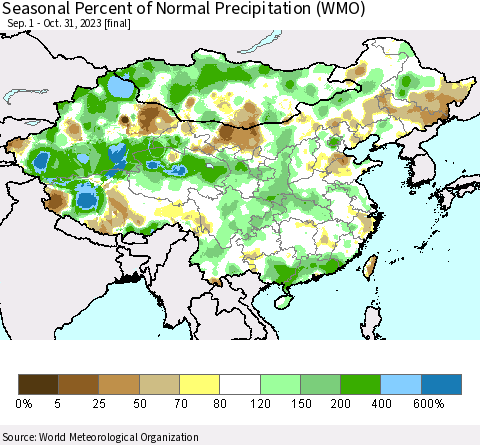 China, Mongolia and Taiwan Seasonal Percent of Normal Precipitation (WMO) Thematic Map For 9/1/2023 - 10/31/2023