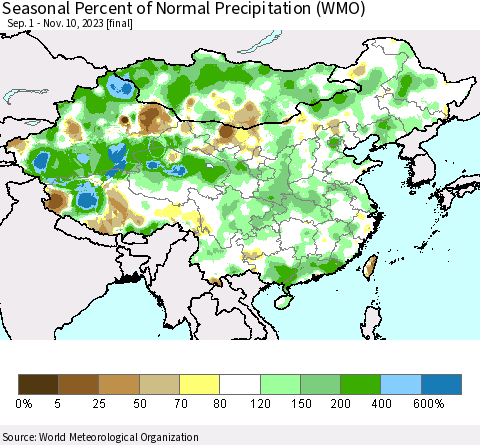 China, Mongolia and Taiwan Seasonal Percent of Normal Precipitation (WMO) Thematic Map For 9/1/2023 - 11/10/2023