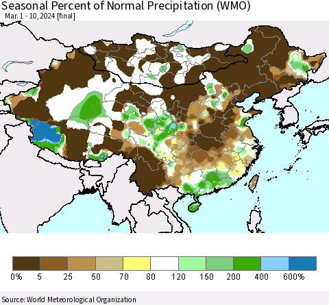 China, Mongolia and Taiwan Seasonal Percent of Normal Precipitation (WMO) Thematic Map For 3/1/2024 - 3/10/2024